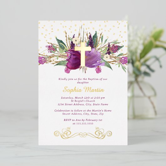 Shiny Sparkling Amethyst Cross Baptisse Folieneinladung (Stehend vorne)