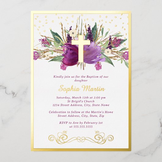 Shiny Sparkling Lila Amethyst Cross-Taufe Folieneinladung (Vorderseite)