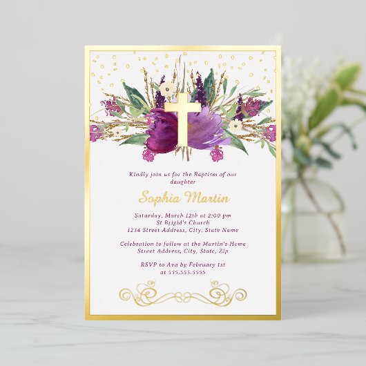 Shiny Sparkling Lila Amethyst Cross-Taufe Folieneinladung (Stehend vorne)