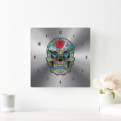 Shiny Stainless Steel & Colorful Bloral Skull Quadratische Wanduhr (Zuhause)