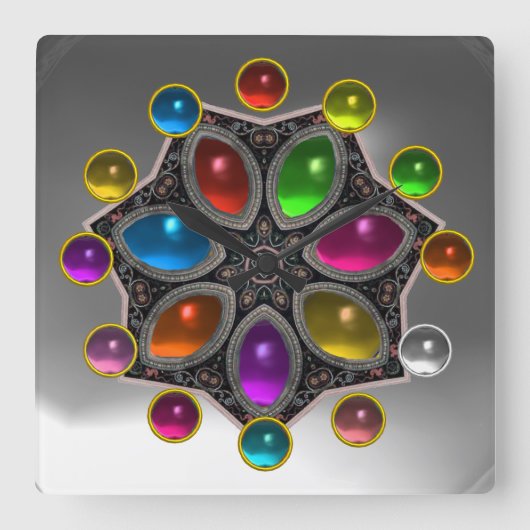 SHINY STAR MIT FARBEN GEMSTONES Grauweiß Quadratische Wanduhr (Vorderseite)