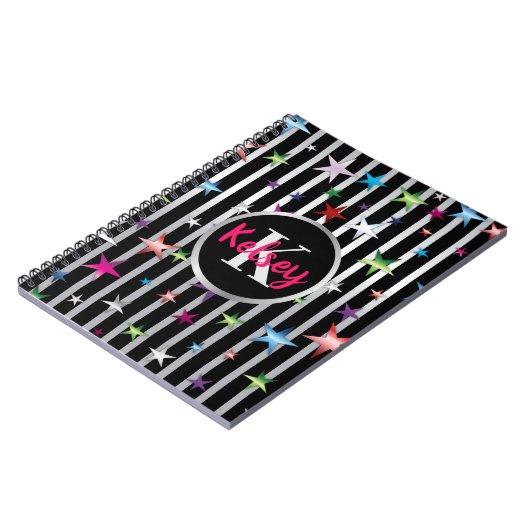 Shiny Stars auf schwarzen und silbernen Streifen m Notizblock (Linke Seite)