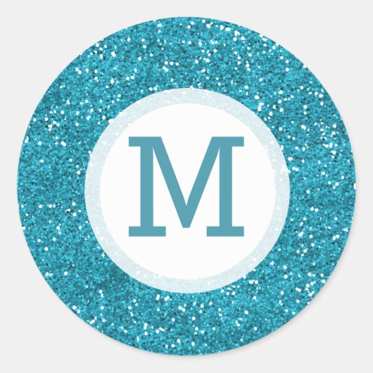 Shiny Turquoise Blue Glitzer Mit Monogramm Runder Aufkleber (Vorderseite)