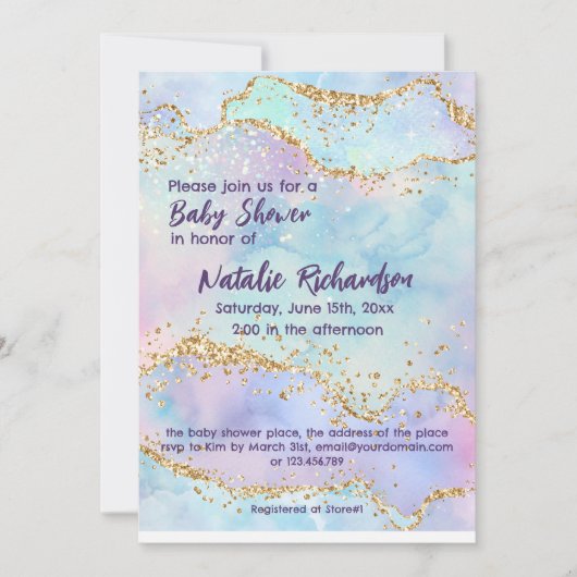 Shiny Watercolor Glitzer Lila Girls Babydusche Einladung (Vorderseite)