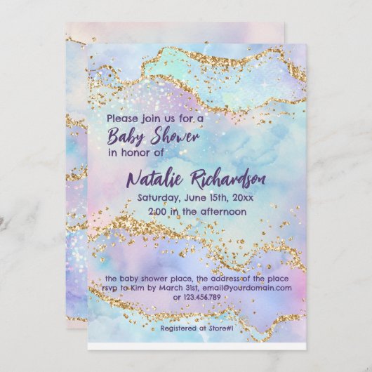 Shiny Watercolor Glitzer Lila Girls Babydusche Einladung (Vorne/Hinten)