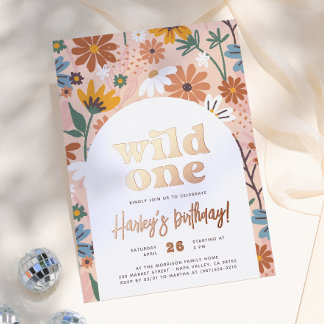 Shiny Wild One Retro Wildblume 1. Geburtstag Party Folieneinladung