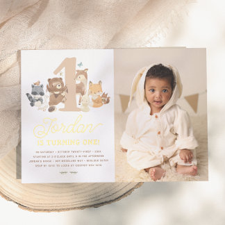 Shiny Woodland Animals Erstes Geburtstagsparty Fot Folieneinladung