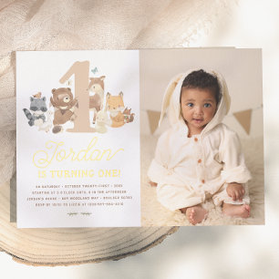 Shiny Woodland Animals Erstes Geburtstagsparty Fot Folieneinladung