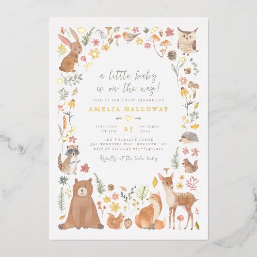 Shiny Woodland Forest Animals Baby Dusche Folieneinladung (Vorderseite)