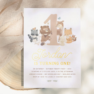 Shiny Woodland Tiere erste Geburtstagsparty Folieneinladung