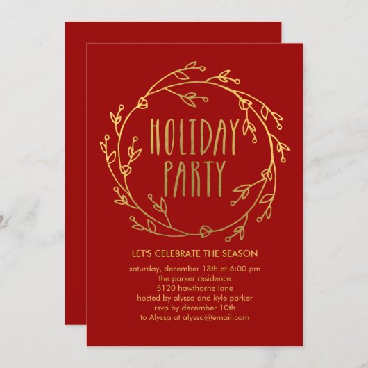 Shiny Wreath Holiday Party - Rot Einladung (Vorne/Hinten)