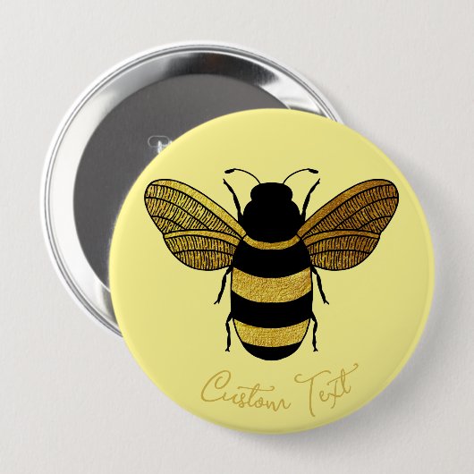 SHINY YELLOW GOLD BLACK BUMBLEBEE CUSTOM TEXT BEE BUTTON (Vorne & Hinten)