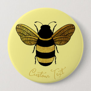 SHINY YELLOW GOLD BLACK BUMBLEBEE CUSTOM TEXT BEE BUTTON