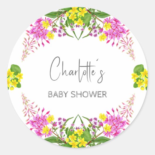 Shiny Yellow Pink Wildblume Script Runder Aufkleber (Vorderseite)