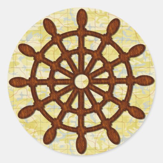 Ship Helm Wheel in Wood Old Map Nautical Seafaring Runder Aufkleber (Vorderseite)