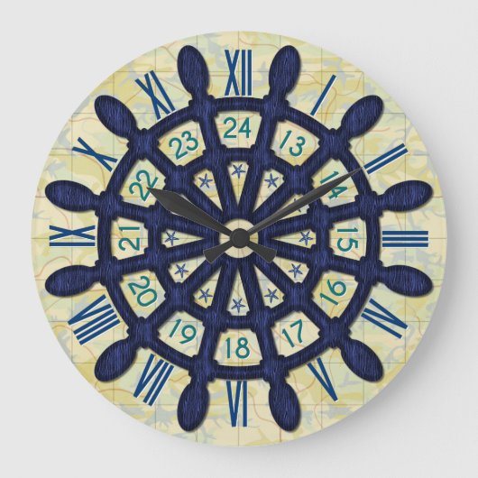 Ship Helm Wood Wheel Blue Nautical Sailor Old Map Große Wanduhr (Vorderseite)