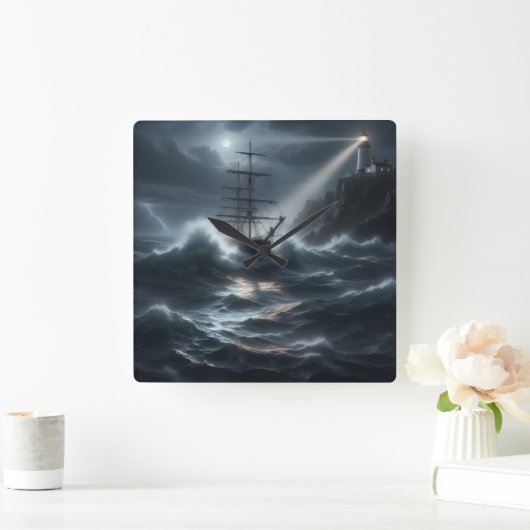 Ship in a storm guided by lighthouse - quadratische wanduhr (Zuhause)