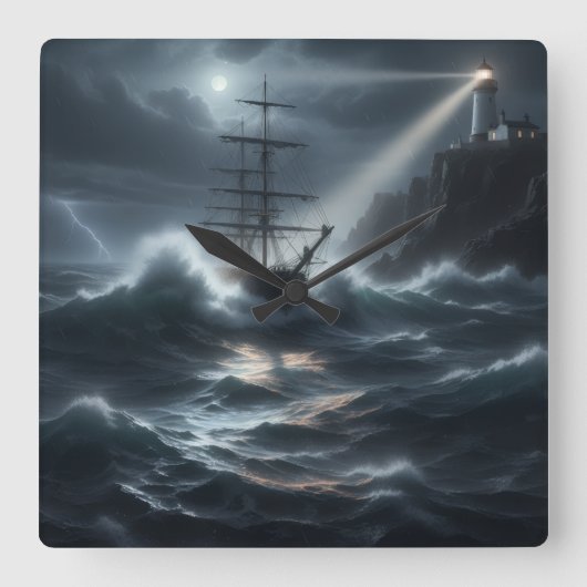 Ship in a storm guided by lighthouse - quadratische wanduhr (Vorderseite)