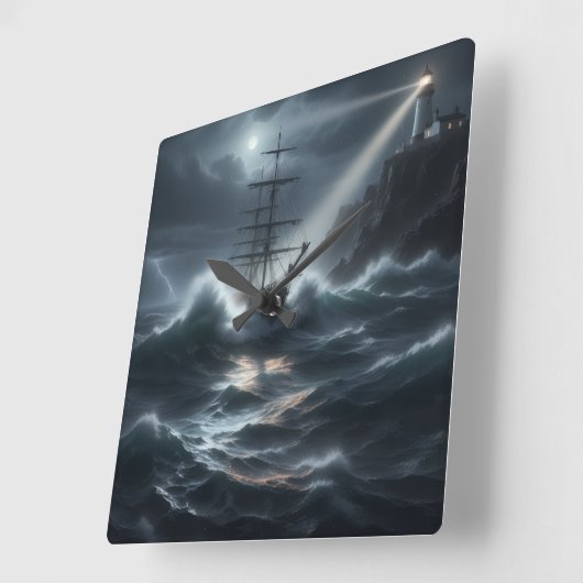 Ship in a storm guided by lighthouse - quadratische wanduhr (Winkel)