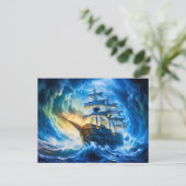 Ship in Glowing Blue Ocean Fantasy Painting Postkarte (Stehend Vorderseite)