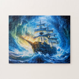 Ship in Glowing Blue Ocean Fantasy Painting Puzzle