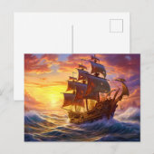 Ship in Golden Sunset Storm Fantasy Painting Postkarte (Vorne/Hinten)