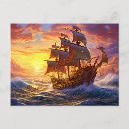 Ship in Golden Sunset Storm Fantasy Painting Postkarte