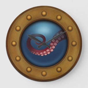 Ship Porthole Deep Sea Octopus Nautical Steampunk Große Wanduhr