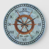 Ship’s Helm Nautical Wall Clock Blue Große Wanduhr (Vorderseite)