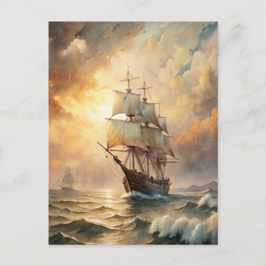 Ship Sailing Ocean Waves Sunset Nautical Sea Postkarte (Vorderseite)