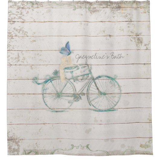 Shiplap Vintag Holz Viktorianischer Fahrradname Duschvorhang (Vorderseite)
