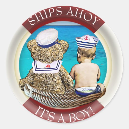 Ships Ahoy, es ist ein Junge, Nautical Baby Shower Runder Aufkleber (Vorderseite)