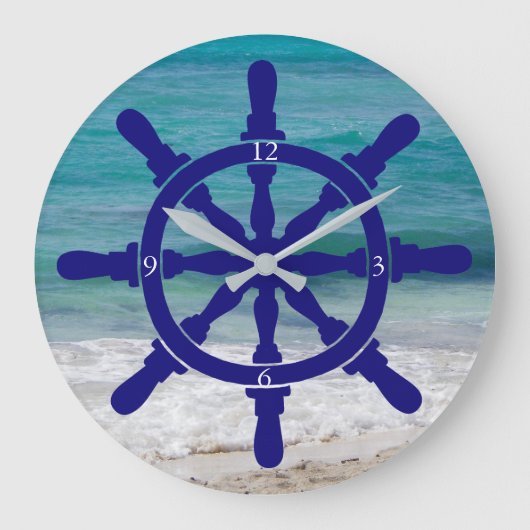 Ship's Wheel Ocean Background Large Clock Große Wanduhr (Vorderseite)
