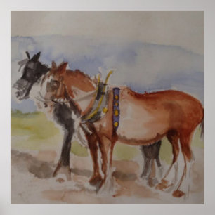 Shire-Pferde beim Pflügen-Wettbewerb Aquarell-Skiz Poster