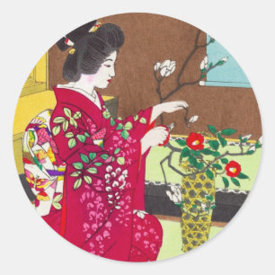 Shiro Kasamatsu Ikebana Japan Blumen Dame Szene Runder Aufkleber