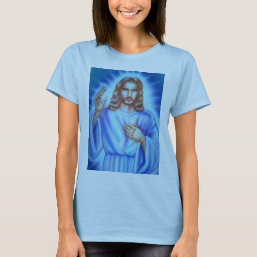 Shirt blauer Dame mit Jesus-Bild (Vorderseite)