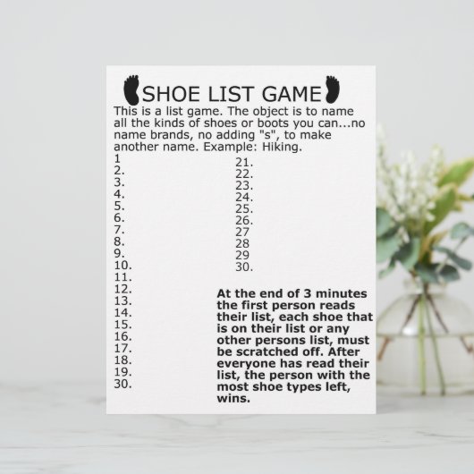 SHOE-LISTE-SPIEL BRIEFBOGEN (Stehend Vorderseite)