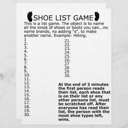 SHOE-LISTE-SPIEL BRIEFBOGEN (Vorne/Hinten)