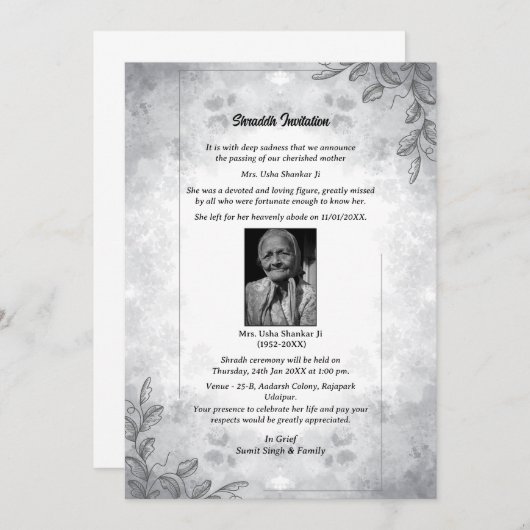 Shok Sandesh Hindu Shraddh Einladung (Vorne/Hinten)