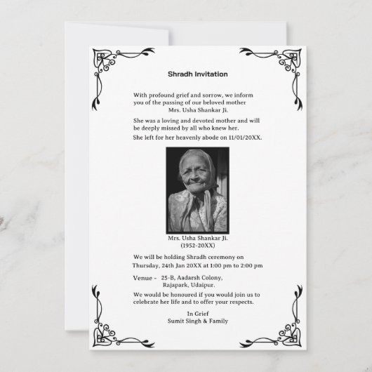 Shok Sandesh Hindu Shraddh Einladung (Vorderseite)