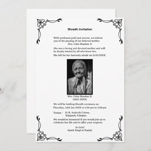 Shok Sandesh Hindu Shraddh Einladung (Vorne/Hinten)