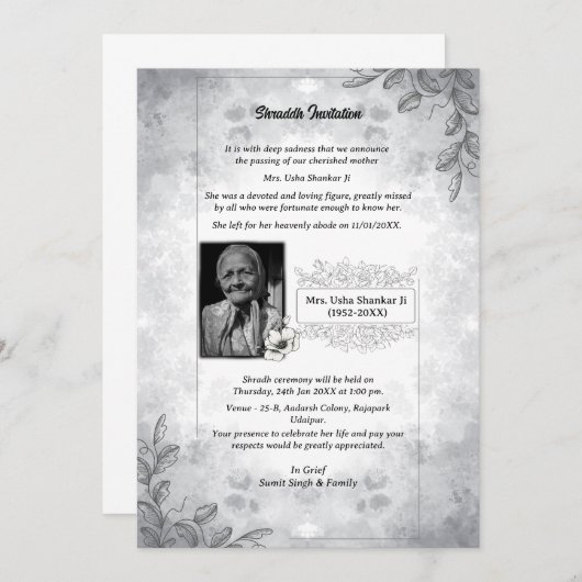 Shok Sandesh Hindu Shraddh Einladung (Vorne/Hinten)