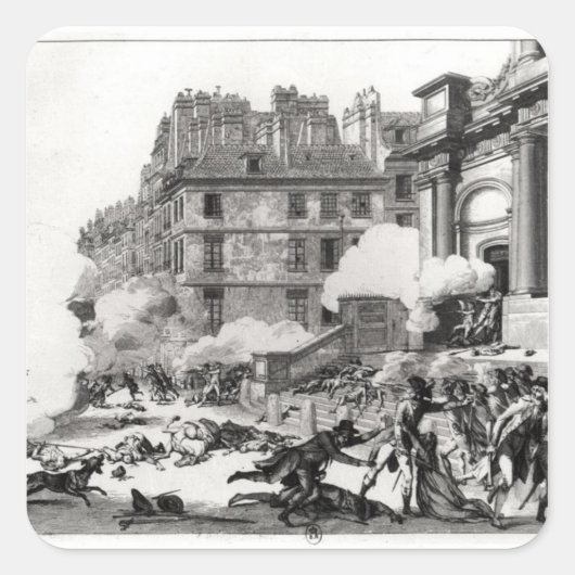 Shoot-out vor der Kirche St. Roch in Paris Quadratischer Aufkleber (Vorderseite)