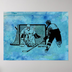 Shooting On Net Hockey Sketch auf Blue Watercolor Poster