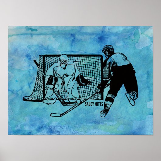 Shooting On Net Hockey Sketch auf Blue Watercolor Poster (Vorne)