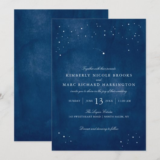 Shooting Star Blue Watercolor Wedding Einladung (Vorne/Hinten)