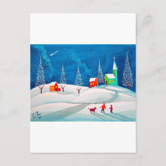 Shooting Star Folk Naive Kunst Winterschneeszene Postkarte (Vorderseite)