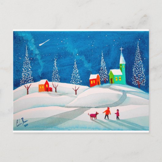 Shooting Star Folk Naive Kunst Winterschneeszene Postkarte (Vorderseite)