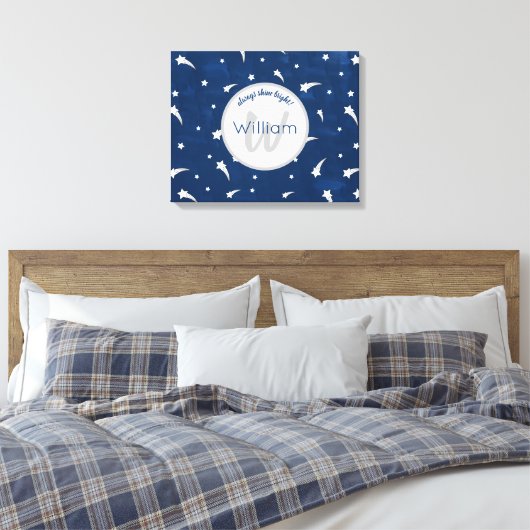 Shooting Stars Navy Blue Watercolor Monogram Leinwanddruck (Insitu (Schlafzimmer))