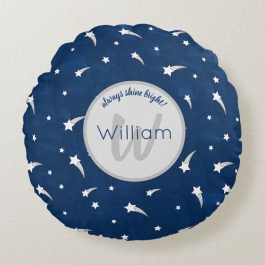 Shooting Stars Navy Blue Watercolor Monogram Rundes Kissen (Vorderseite)